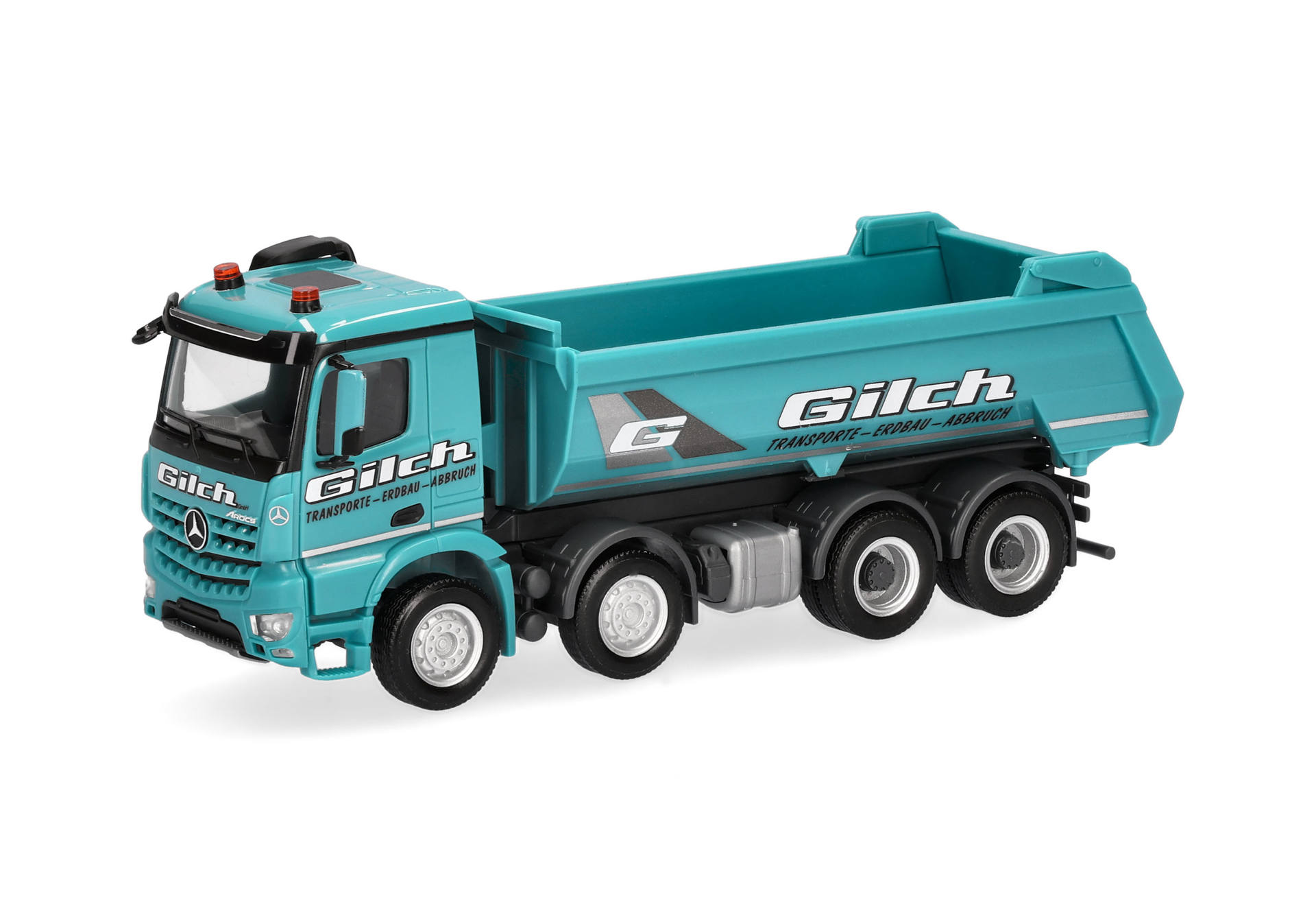 toy truck, dump truck, teal color, six wheels, Mercedes emblem, dump truck, toy truck, turquoise, six wheels, mercedes truck, dump truck, toy, turquoise, six wheels, construction vehicle