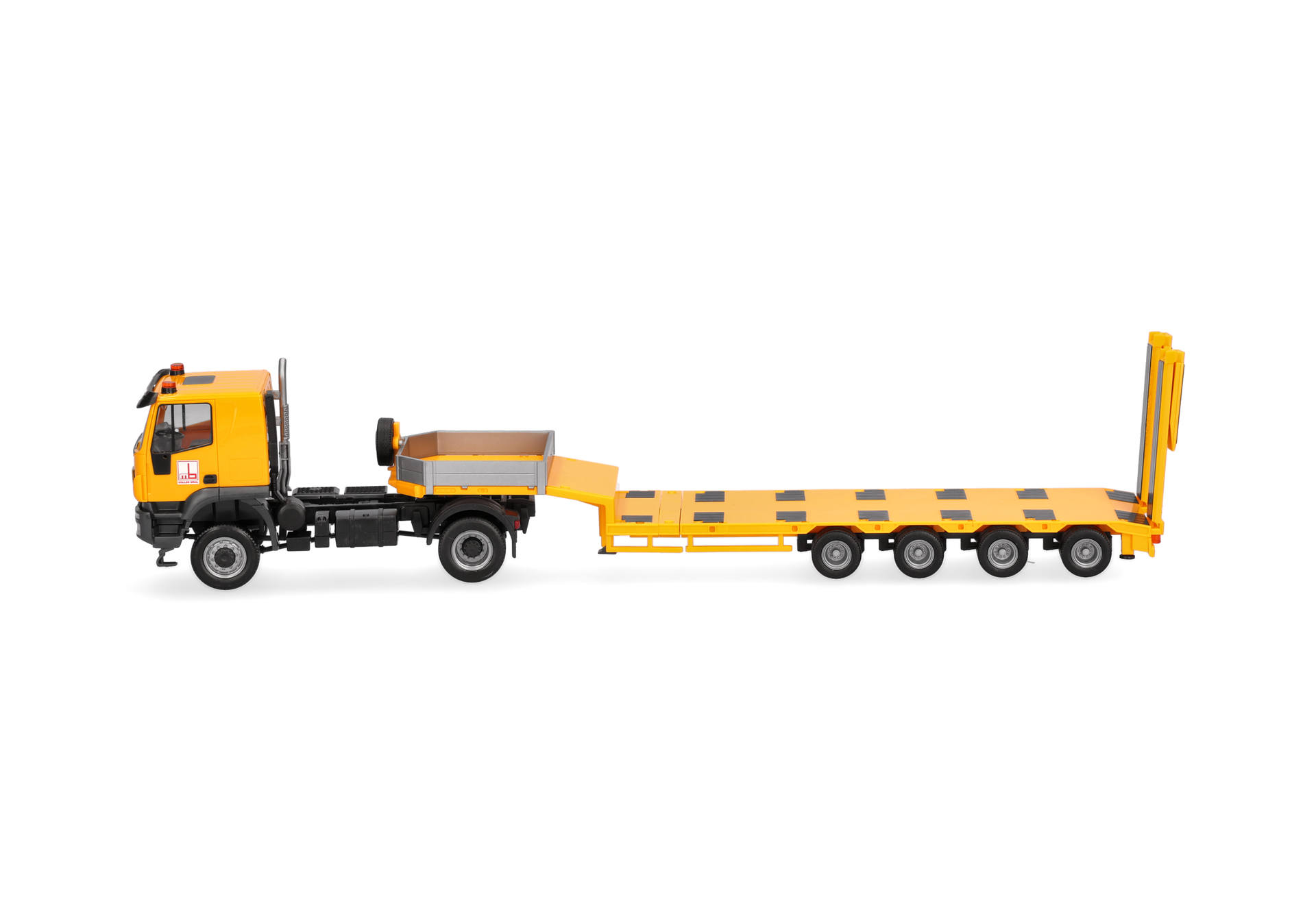 tow truck, flatbed trailer, orange truck, scale model, heavy equipment
