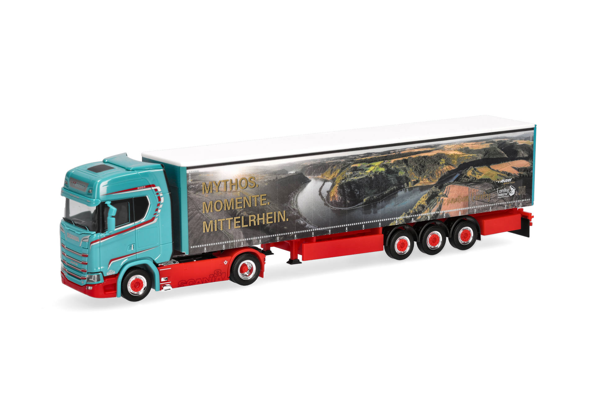 Scania CS 20 high roof curtain canvas semitrailer truck "Spedition Heuser / Faszination Loreley"
