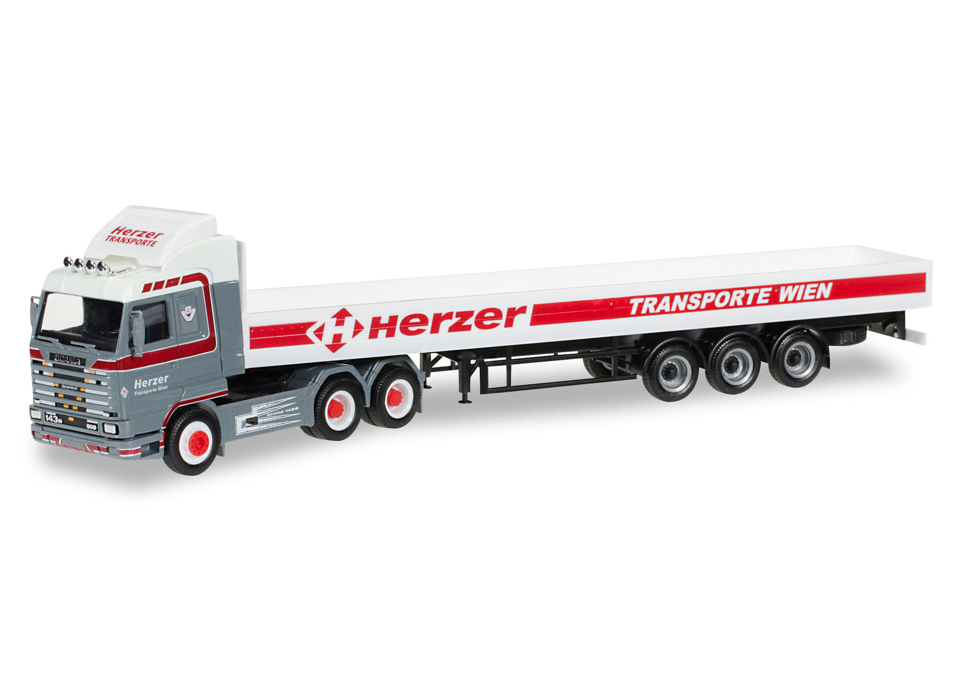 Scania 143 SL Pritschen-Sattelzug "Herzer"