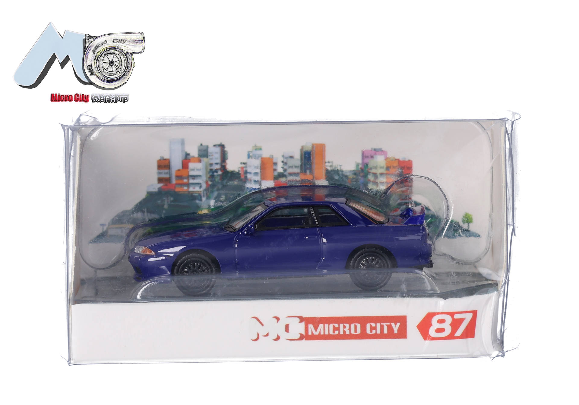 toy car, die-cast car, blue car, city backdrop, boxed model