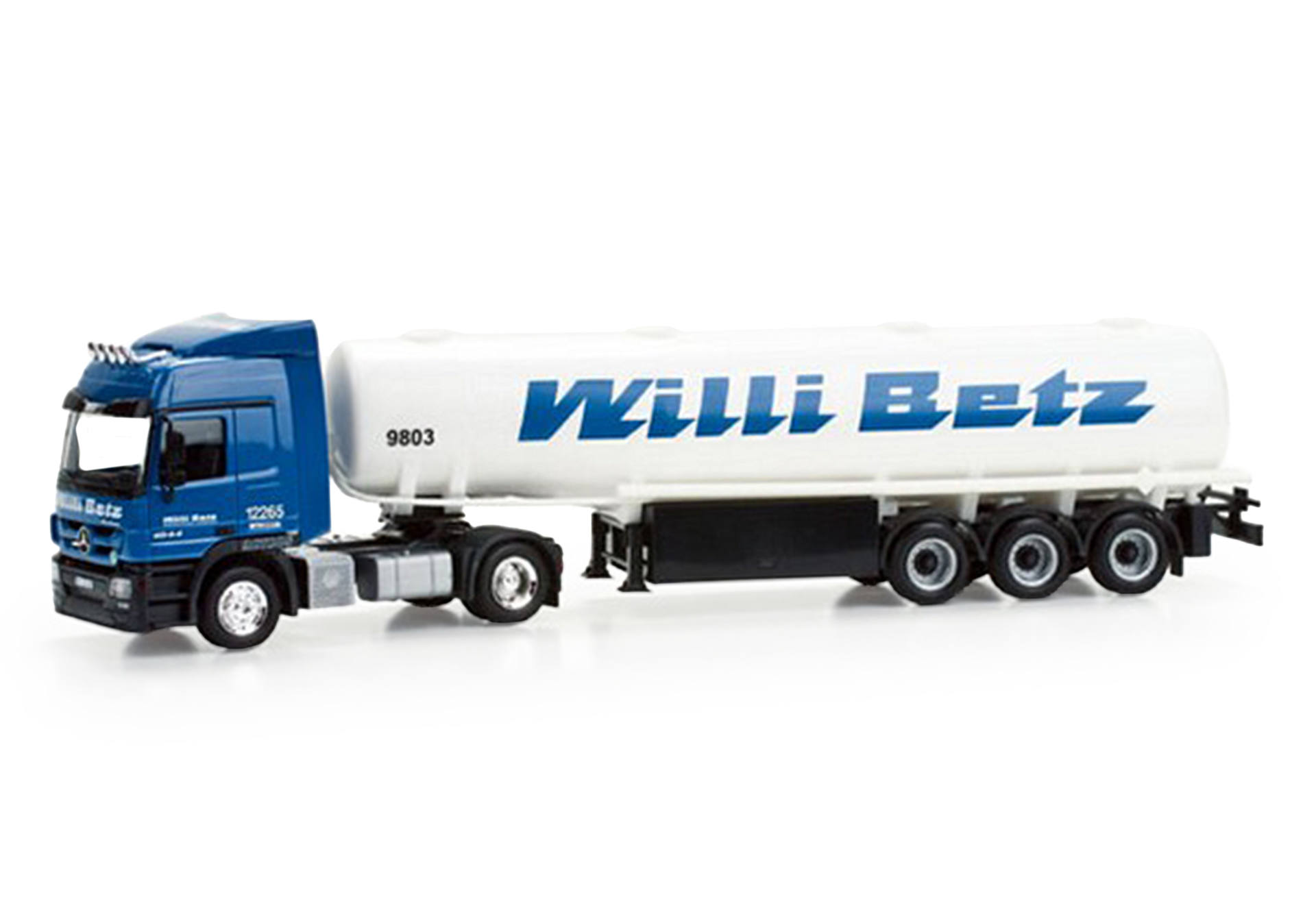 toy truck, semi-trailer, blue cab, white tank, trailer truck