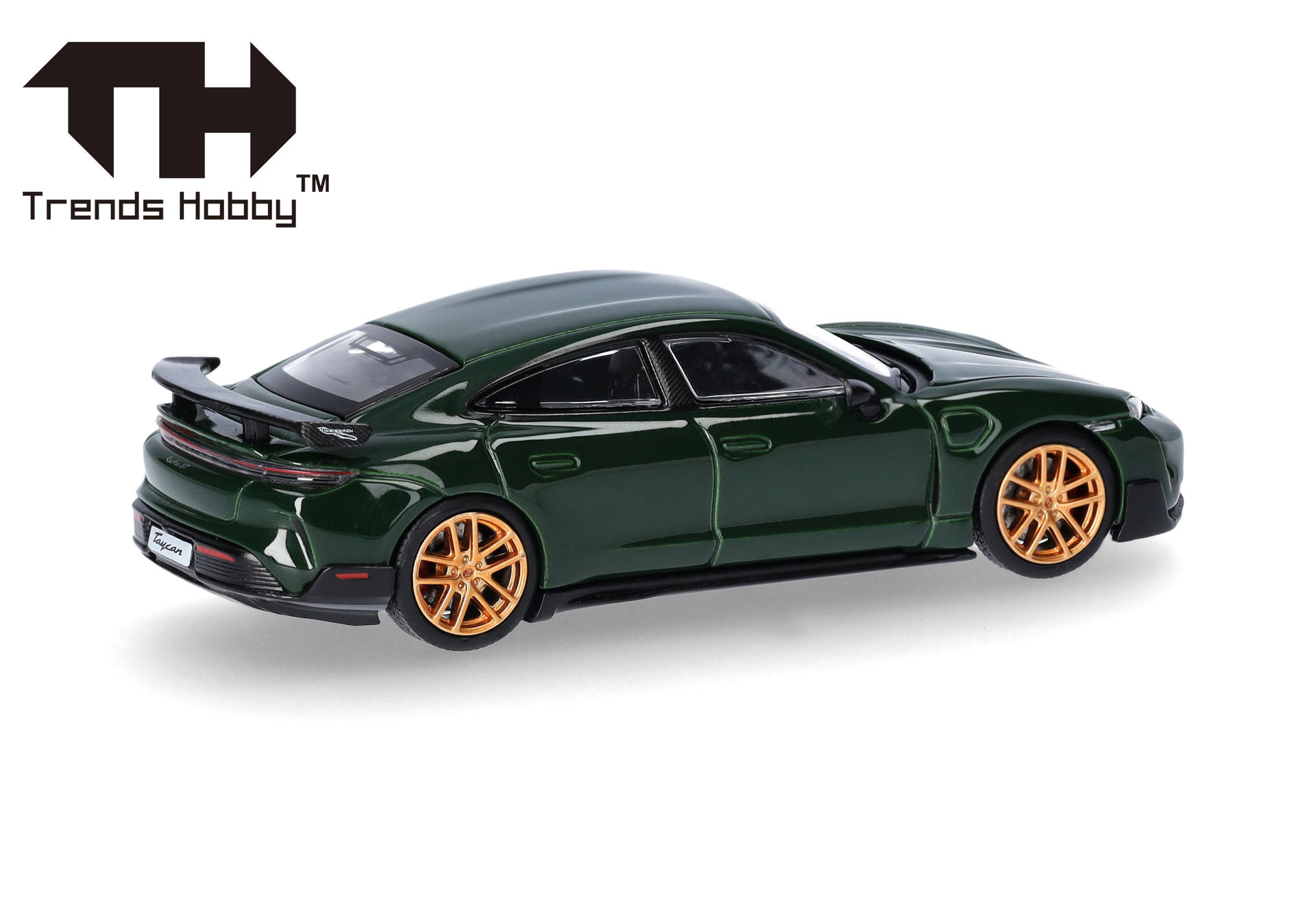toy car, diecast, green, gold wheels, sport sedan