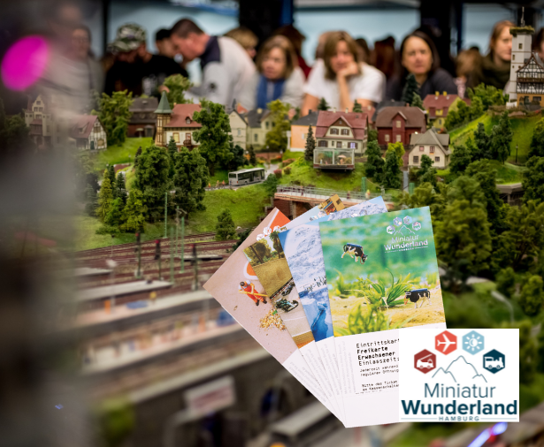 model village, miniature scene, train layout, landscape diorama, brochure cards