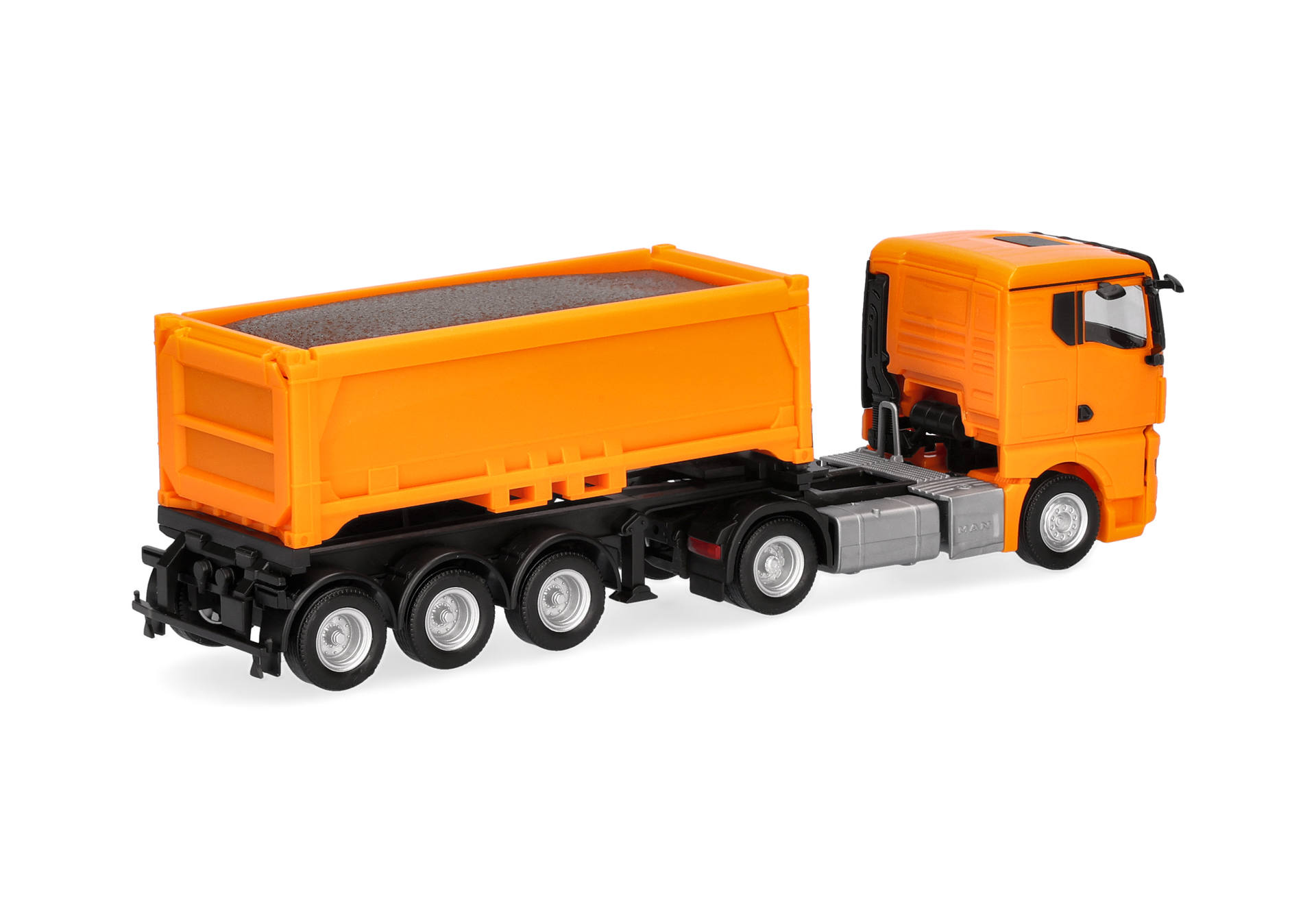 toy truck, dump truck, orange truck, semi-trailer, plastic model