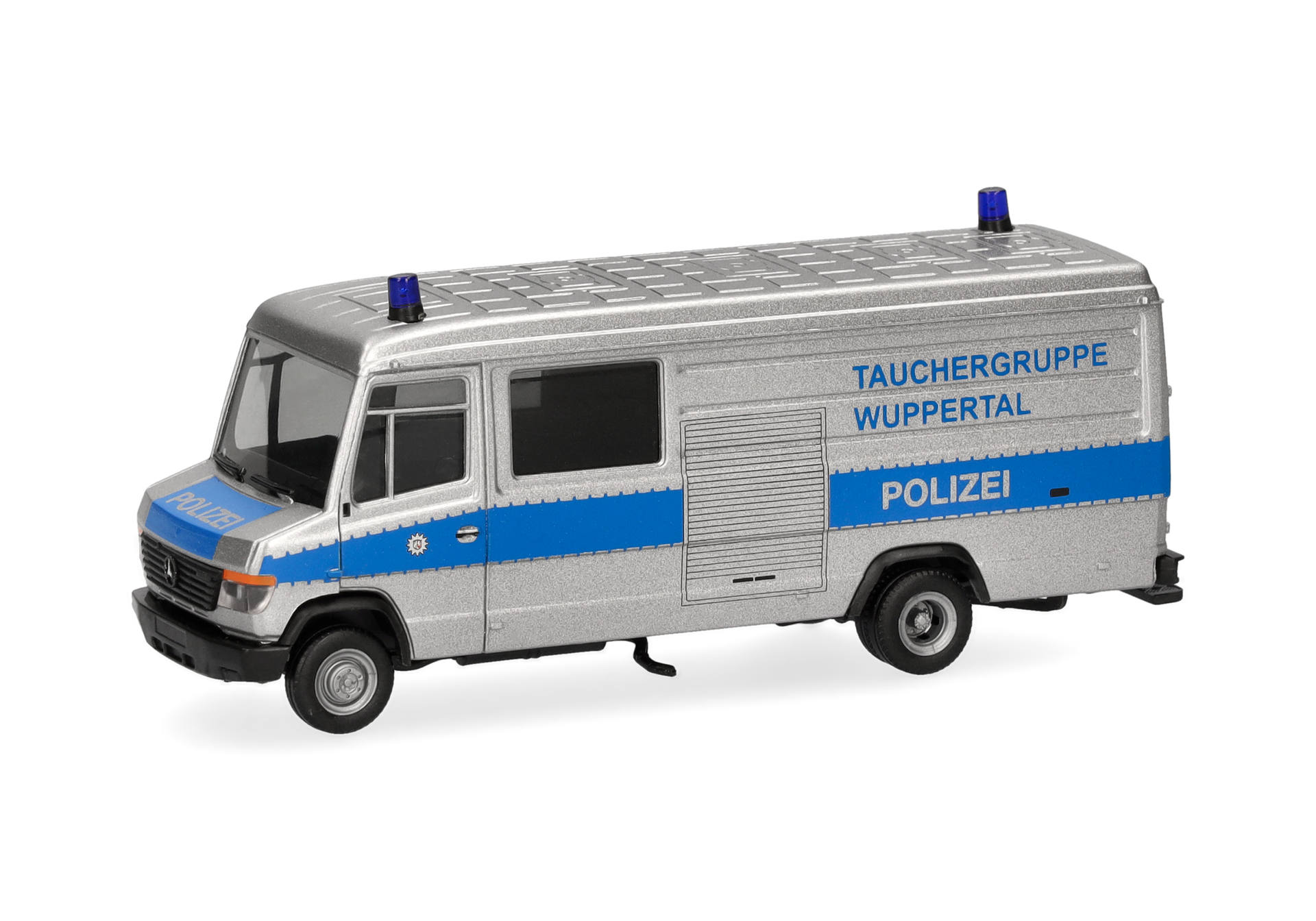 Polizei-Transporter, Spielzeugmodell, blauer Streifen, Silbernes Fahrzeug, Einsatzfahrzeug