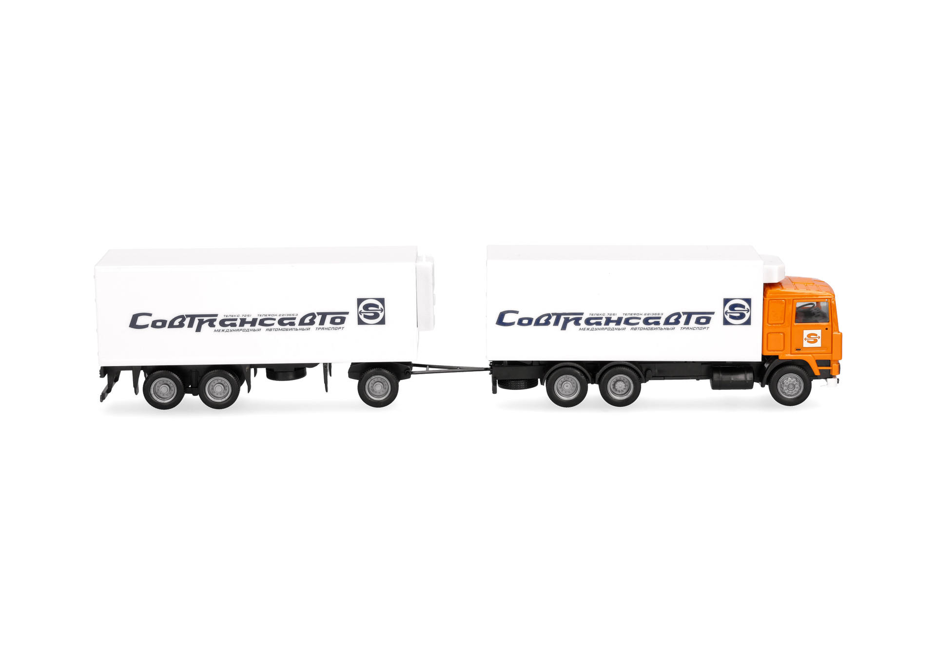 truck, semi-trailer, white trailer, orange cab, two-trailer