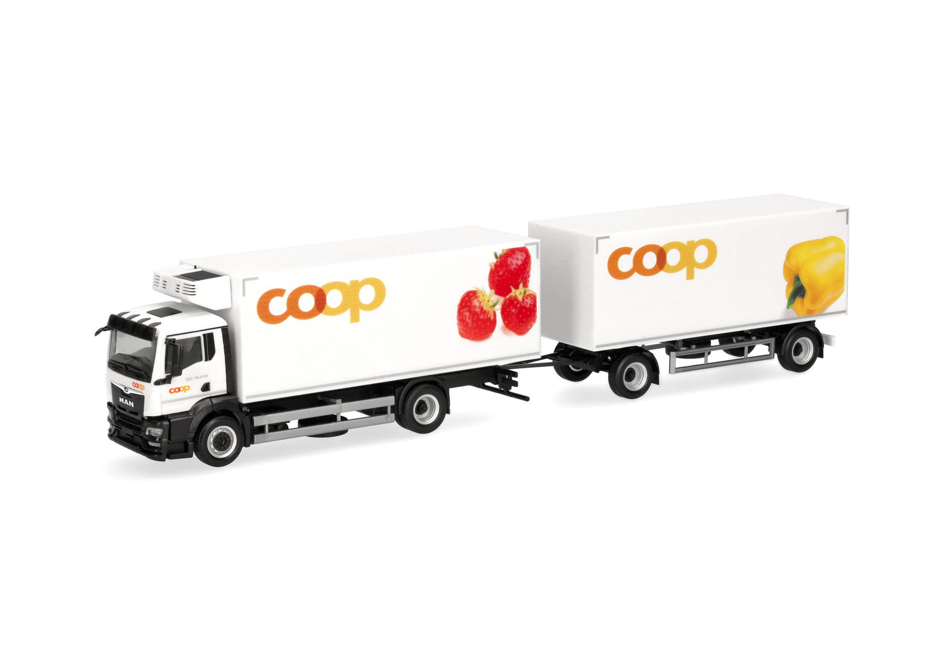 truck, trailer, toy, van, fruit