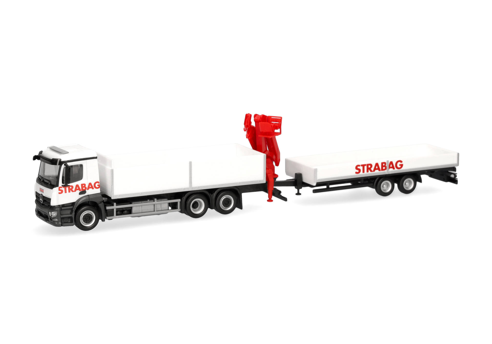 Lkw, Sattelzugmaschine, Flachbett, roter Kran, weißer Anhänger