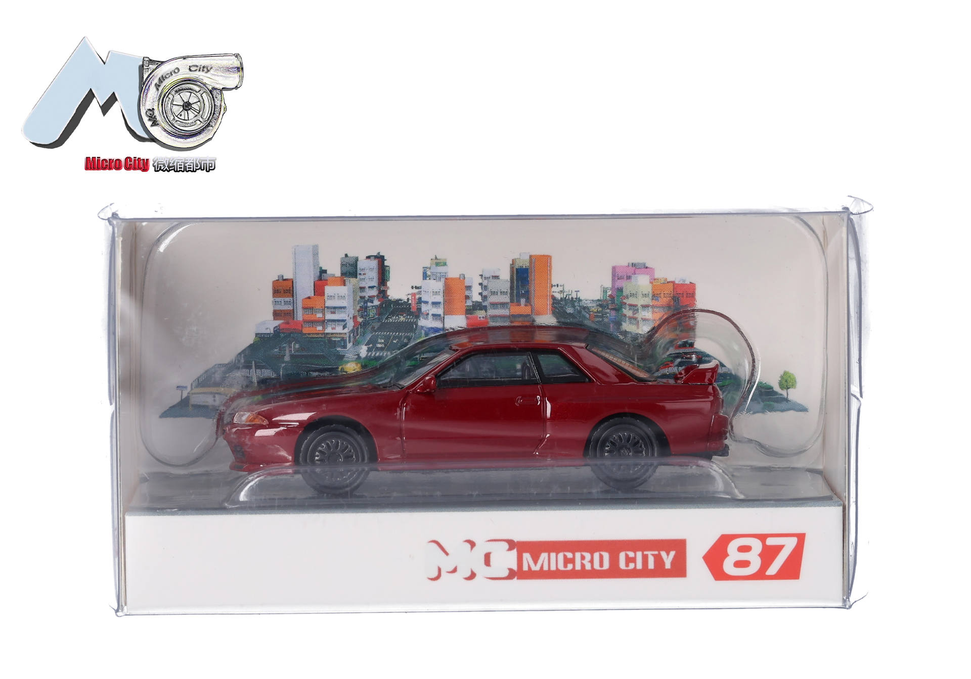 red car, diecast, model car, city skyline, packaging
