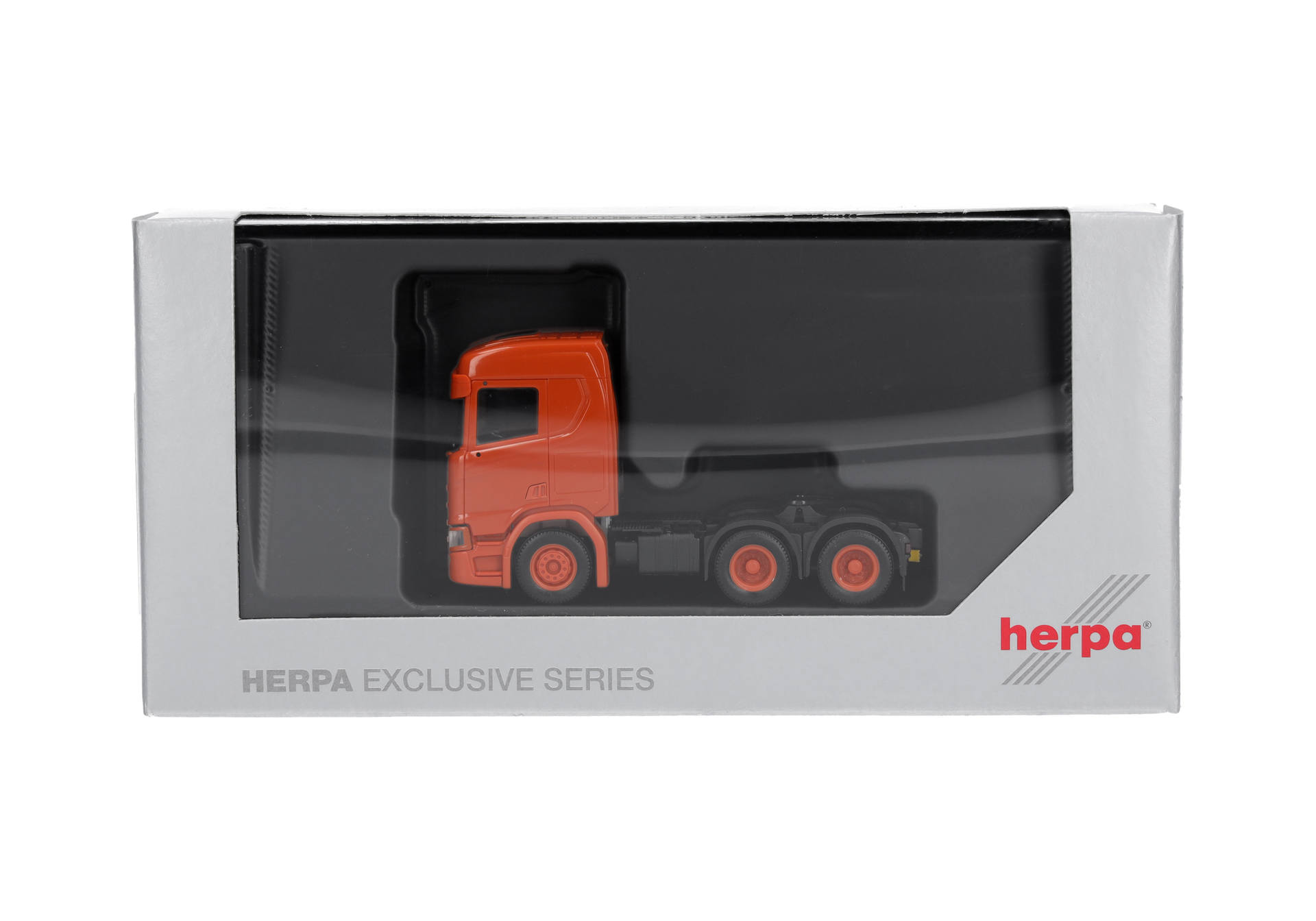 toy truck, truck model, orange cab, six-wheeled trailer, die-cast