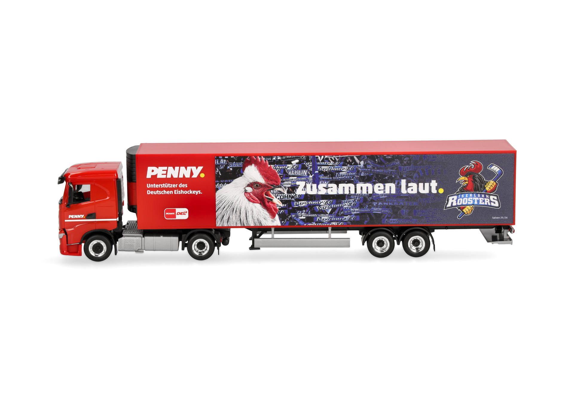 truck, trailer, red, graphic-print, roosters