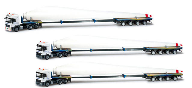 Set of three Mercedes-Benz teletrailer semitrailer with wind energy blades