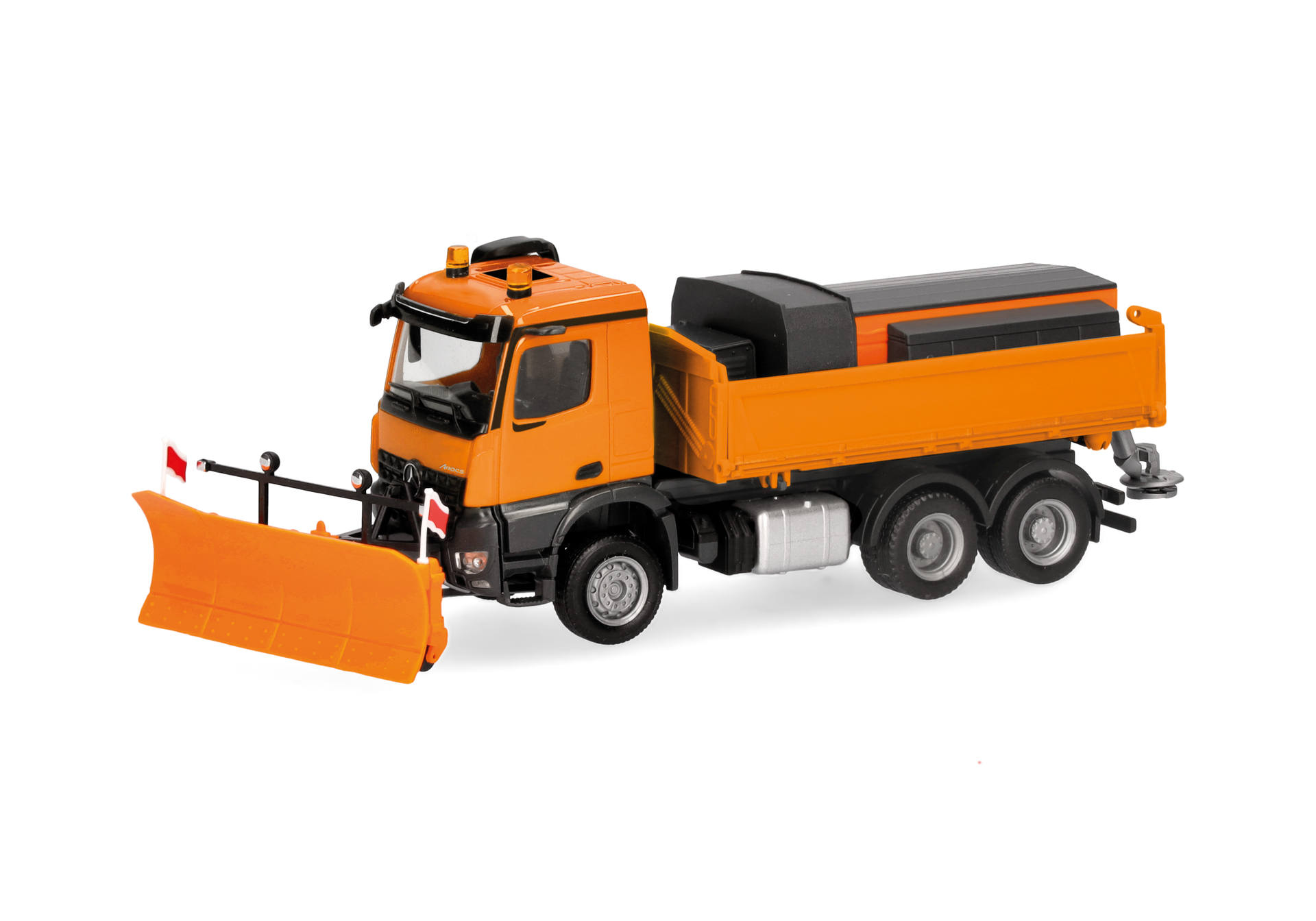 Mercedes-Benz Arocs 18 M Dreiseitenkipper-LKW 3achs mit Streuaufbau und Schneepflug, kommunalorange