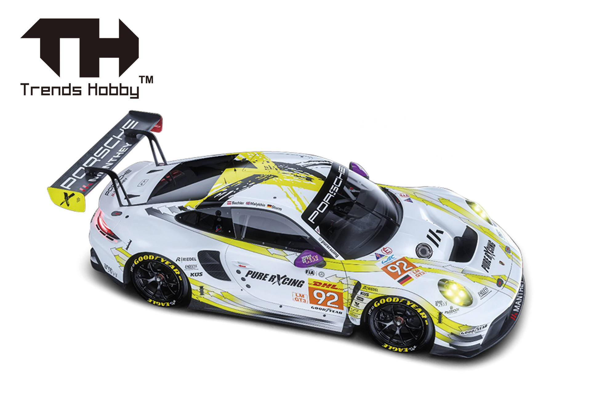 RC car, Porsche, scale model, race car, yellow accents, slot car, Porsche, race car, diecast, yellow accent