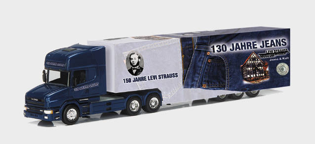 Scania conventional TL box semitrailer "130 anniversary of jeans"