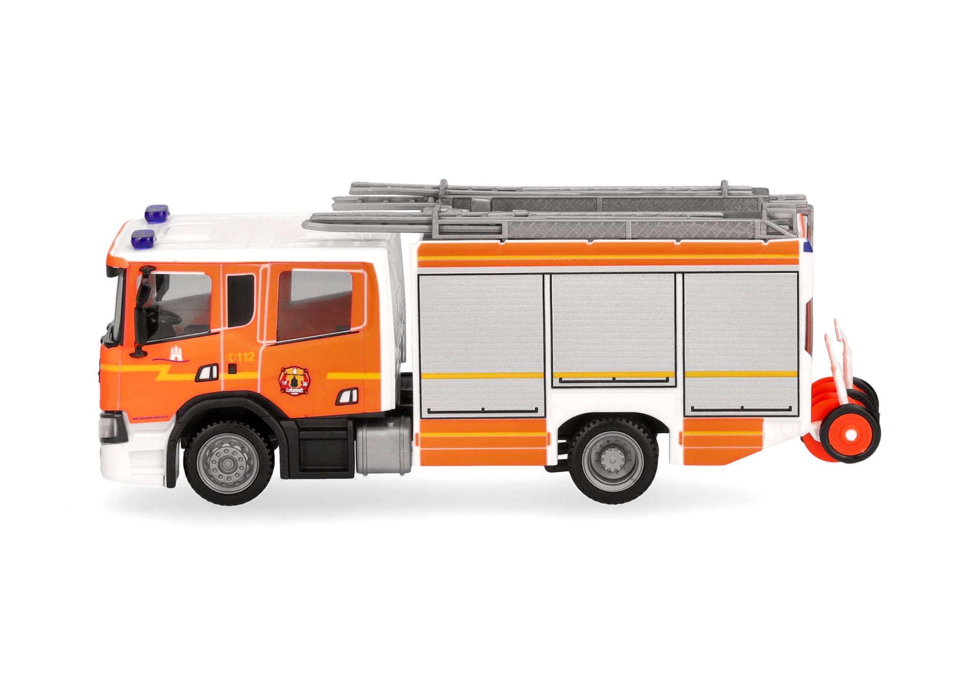 fire engine, toy, orange, ladder, cab-over