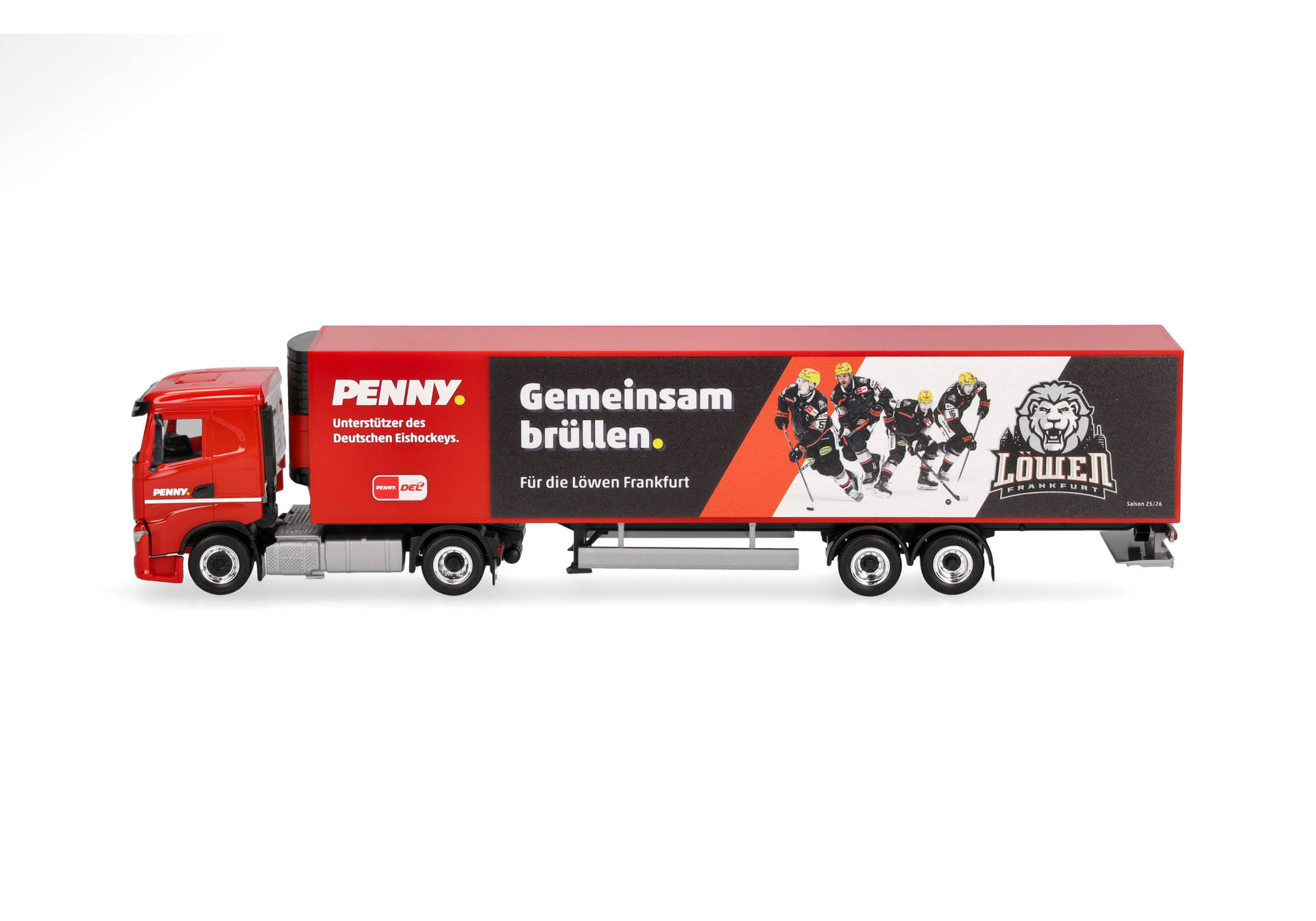 toy truck, trailer, red truck, ice hockey graphics, Löwen Frankfurt