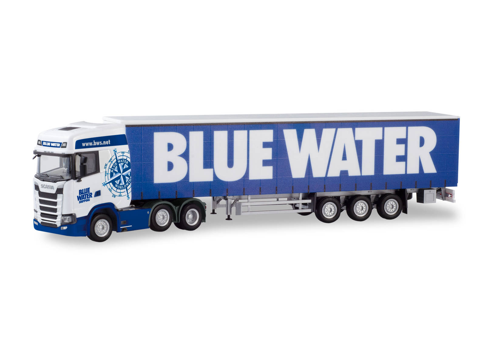 Scania CS 20 high-roof 6×2 curtain canvas semitrailer "Blue Water" (DK)