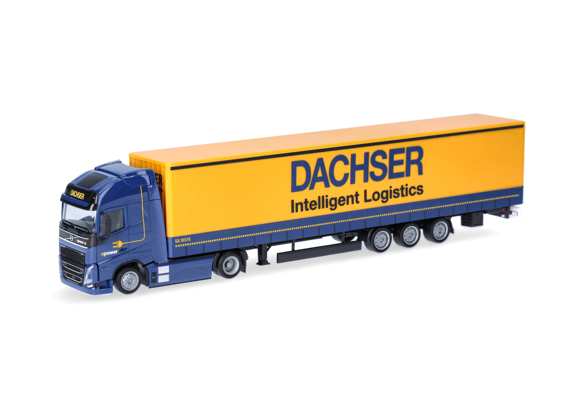truck, semi-trailer, cargo, blue-yellow, logo text