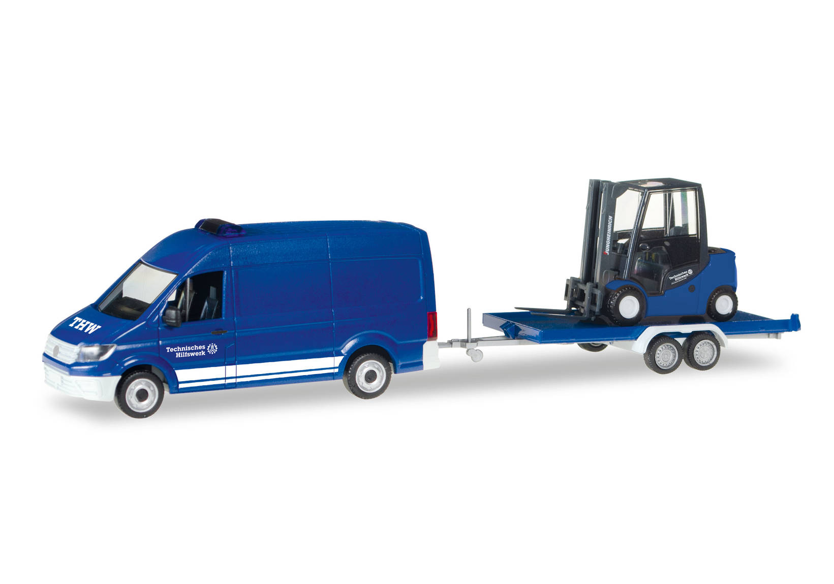 VW Crafter transporter HD with car trailer and Jungheinrich fork lifter "THW"
