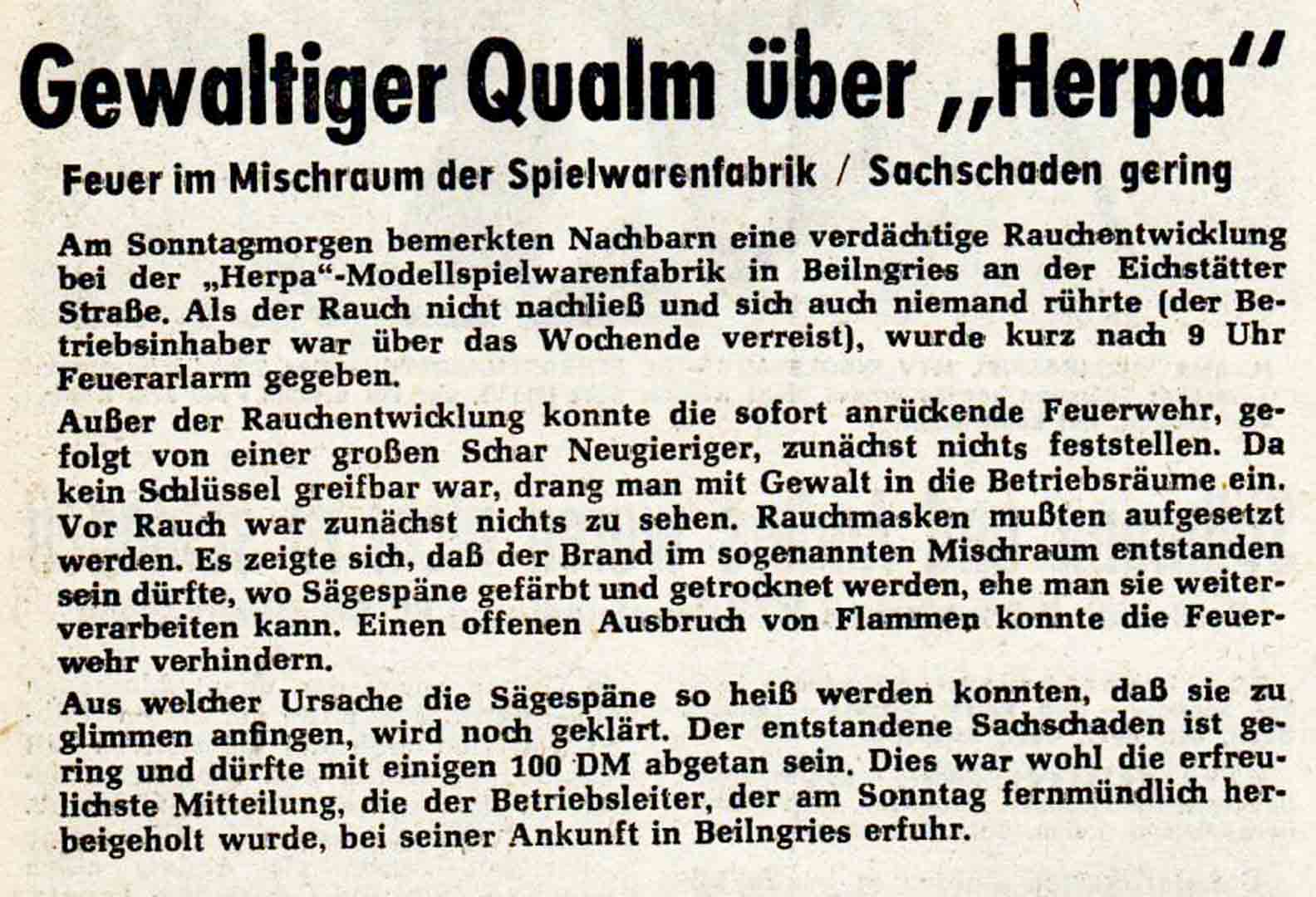 Zeitungsausschnit über einen Brand bei Herpa