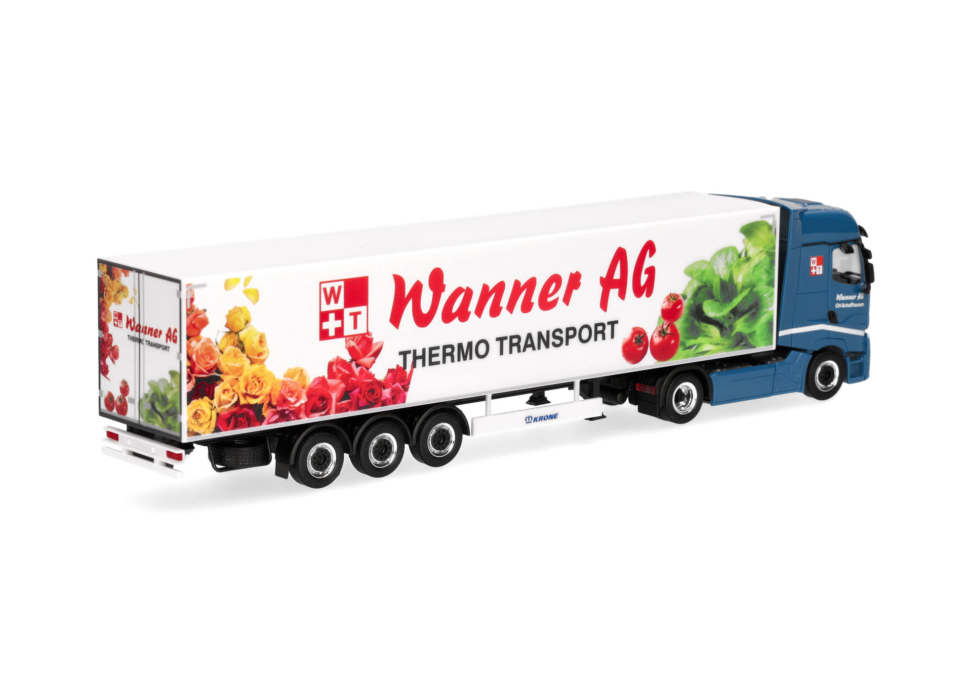 truck, thermo transport, trailer, flower graphics, blue cab