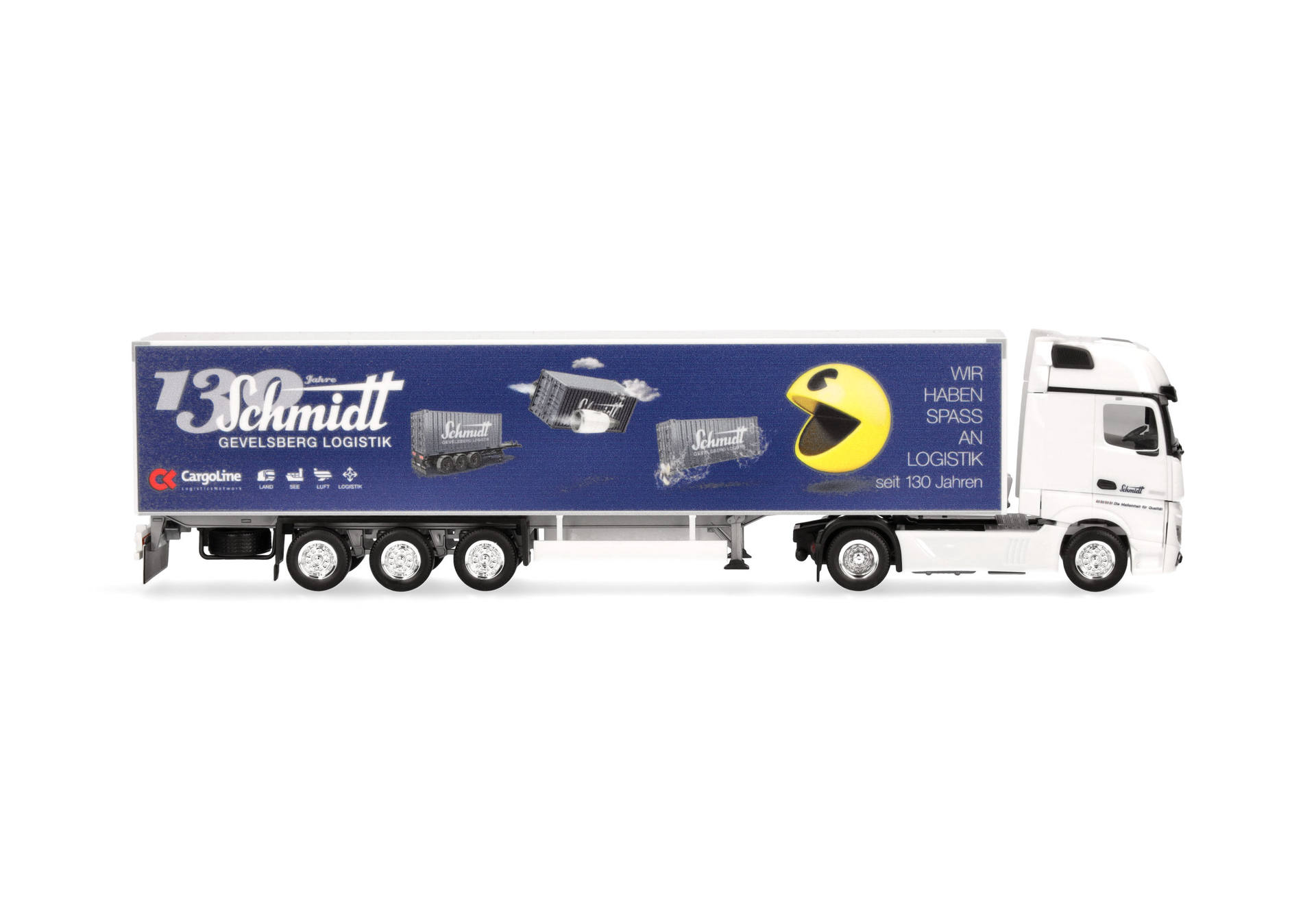 truck trailer, logistics trailer, blue cargo, articulated lorry, pac-man graphic