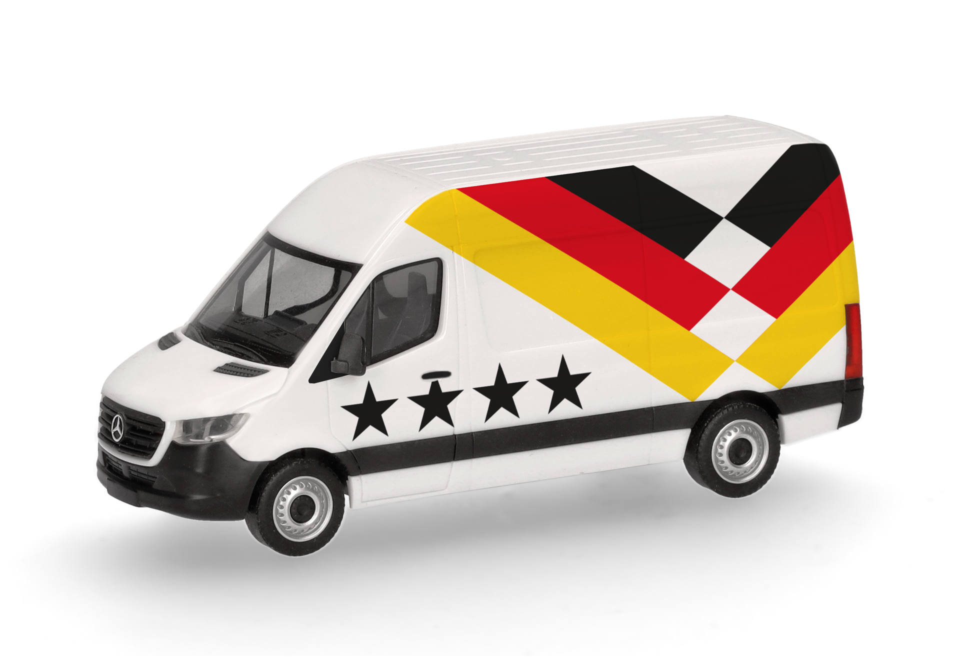 Van, weiß, Lieferwagen, Sterne-Dekor, diagonale Streifen