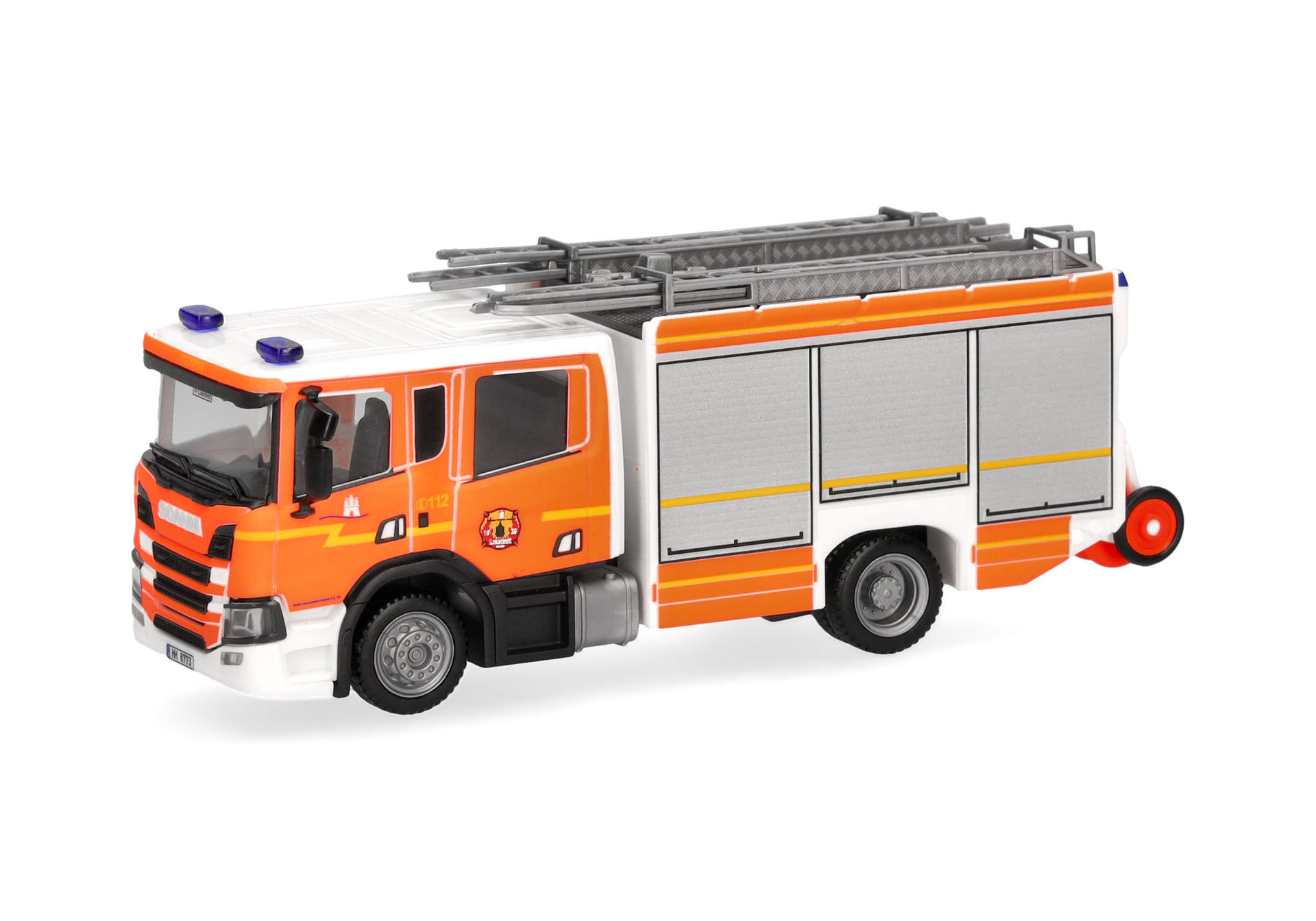 fire engine, toy truck, emergency vehicle, ladder rack, orange white