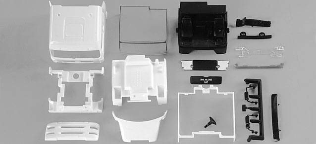 MAN TGA L driver's cabin with side skirting, roof spoiler and sun shield (incl. rear-view mirror)Content: 2 pcs.