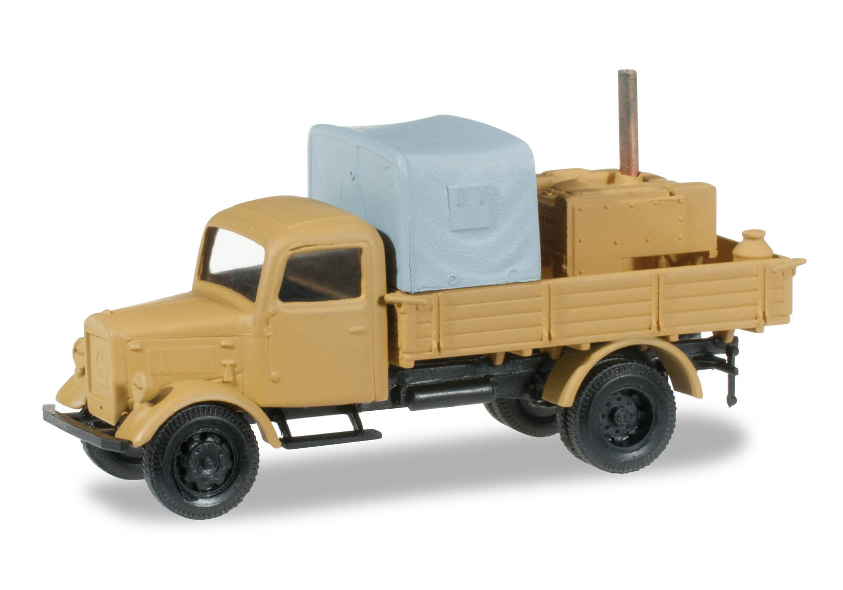 Mercedes Benz Pritschen-LKW mit Feldküche, Ladung und Plane, sandbeige