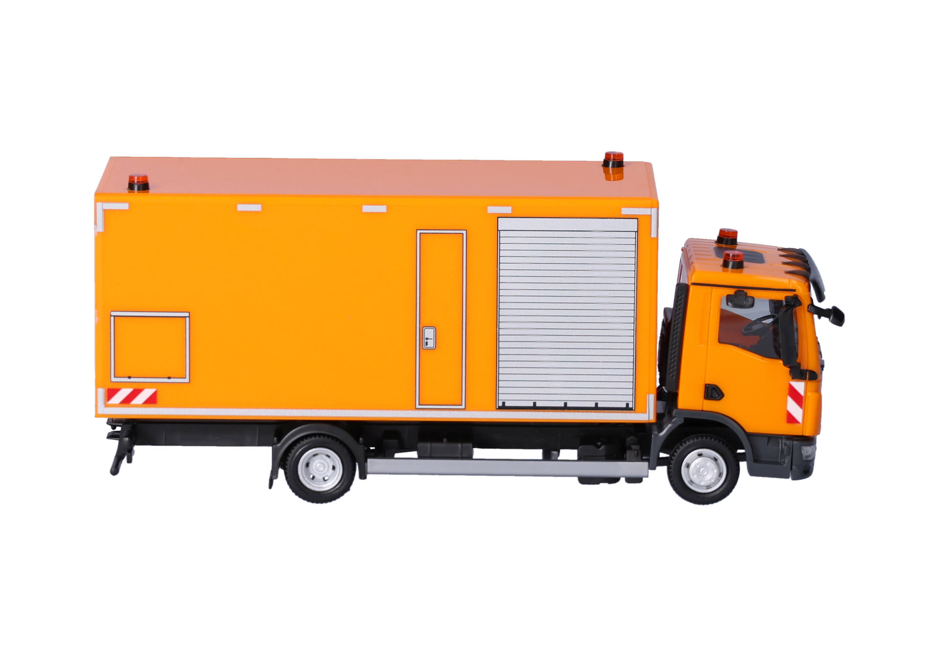 orange truck, emergency vehicle, cargo truck, side panel, cab truck
