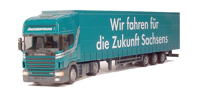 Scania 124 jumbo curtain canvas semi truck "Sachsentrans"