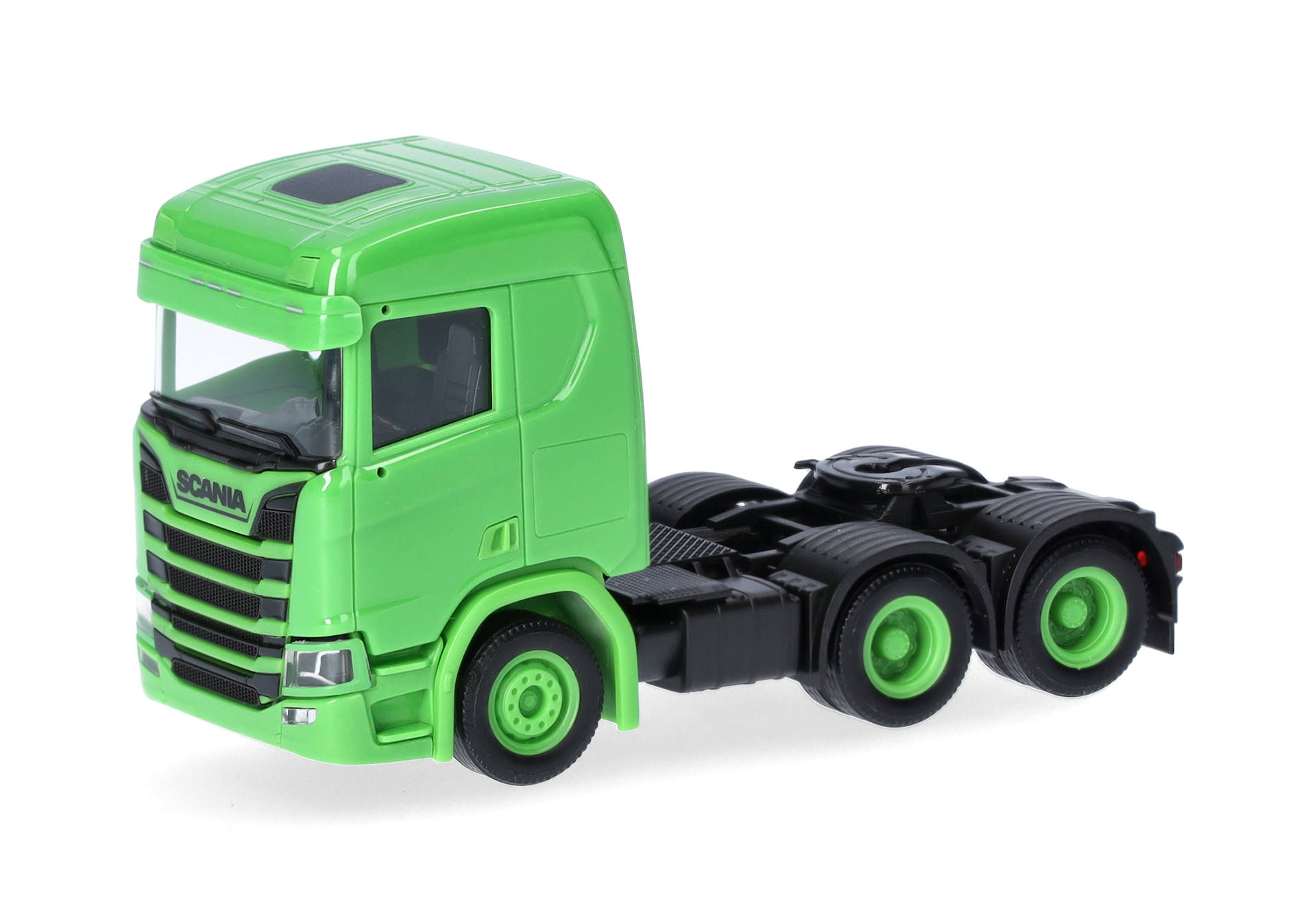 truck model, tractor unit, green color, toy vehicle, six-wheeled trailer