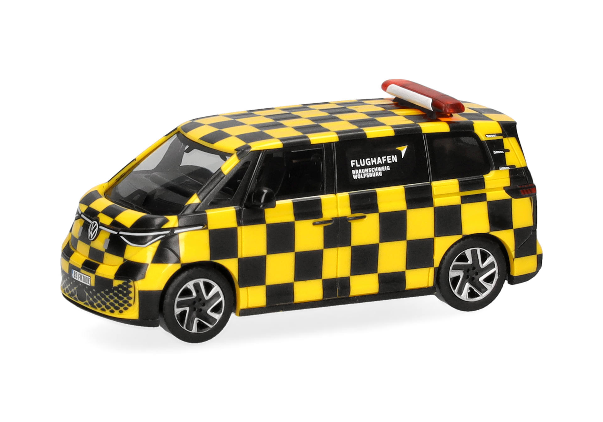 police van, hazard yellow, checkered pattern, emergency light, toy model