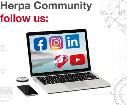 Herpa Community. follow us: Mockup laptop with facebook, instagram, LinkedIn, Newsletter and Youtube icons