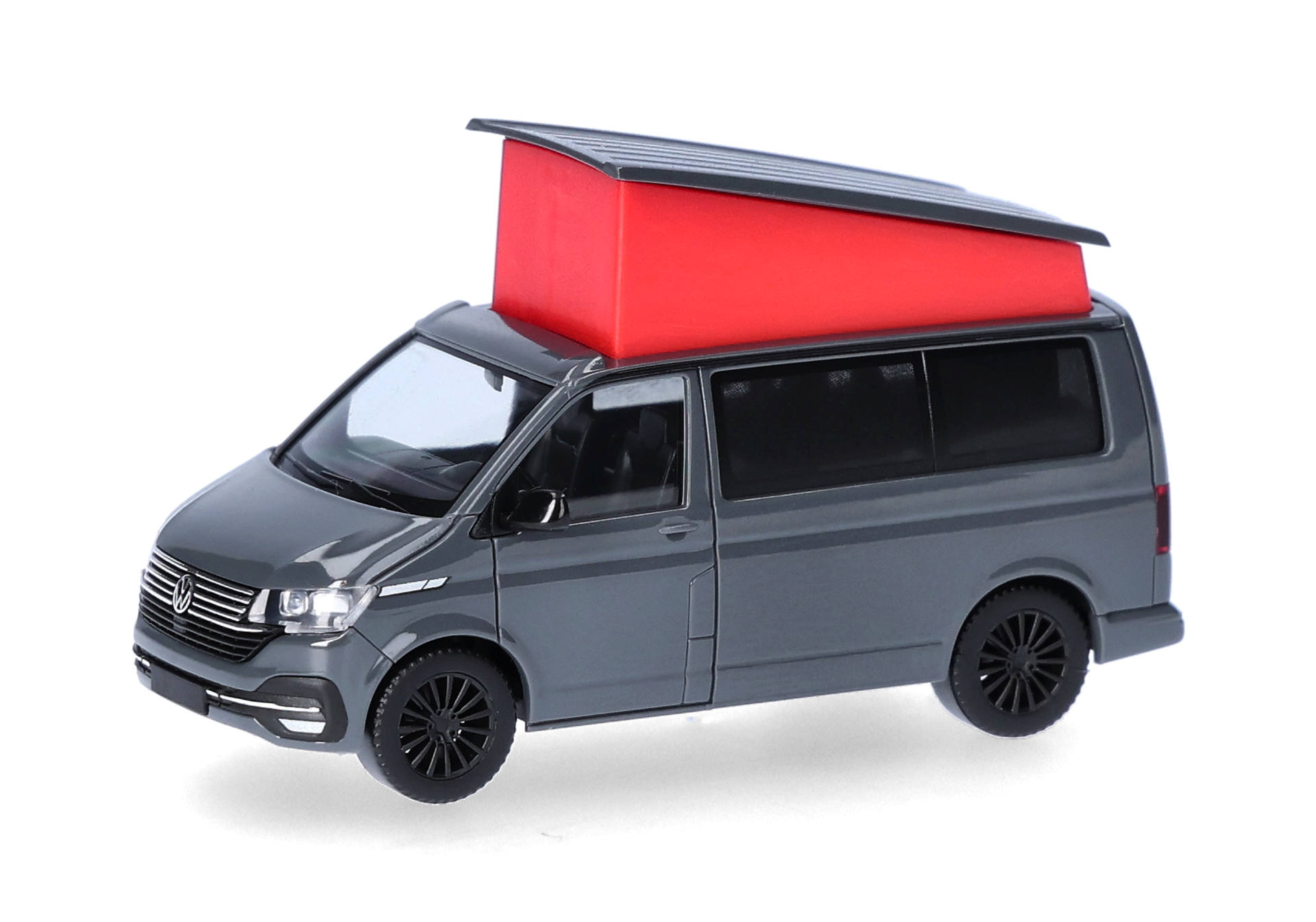 minivan, van, roof tent, red roof, model car, van, roof rack, miniature, gray, red box, model car, toy van, minivan, roof rack, red box, model car