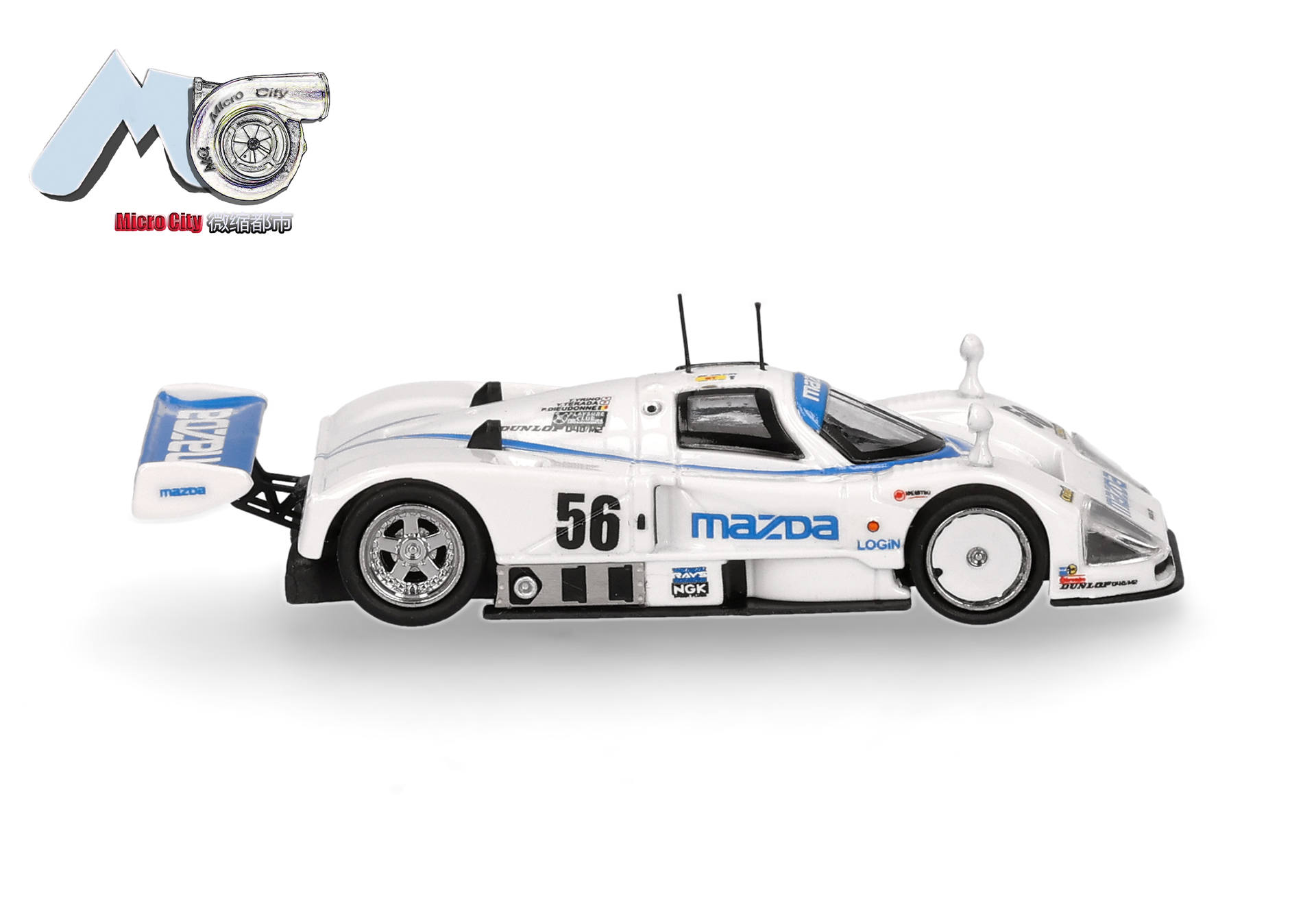 slot car, race car, white, blue accents, Mazda logos