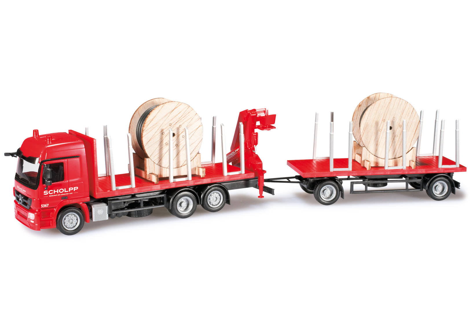 Mercedes-Benz Actros L flatcar truck and trailer with crane and load "Scholpp"