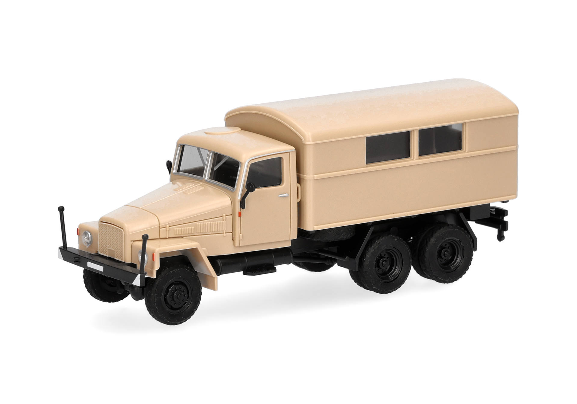 military truck, camper, beige color, six-wheeled, windows