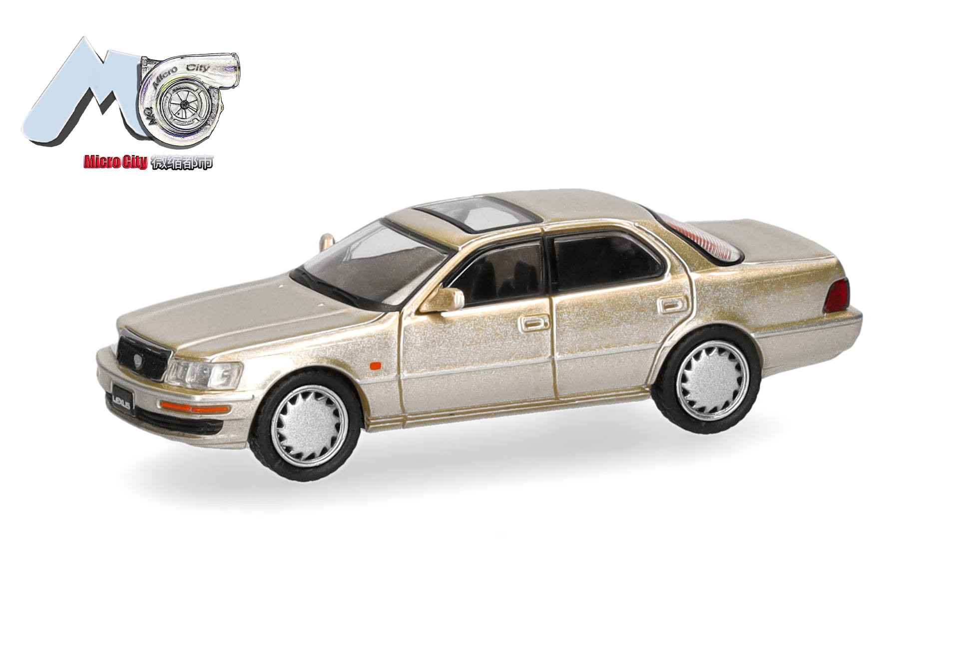 toy car, sedan scale model, gold color, sunroof, detailed wheels