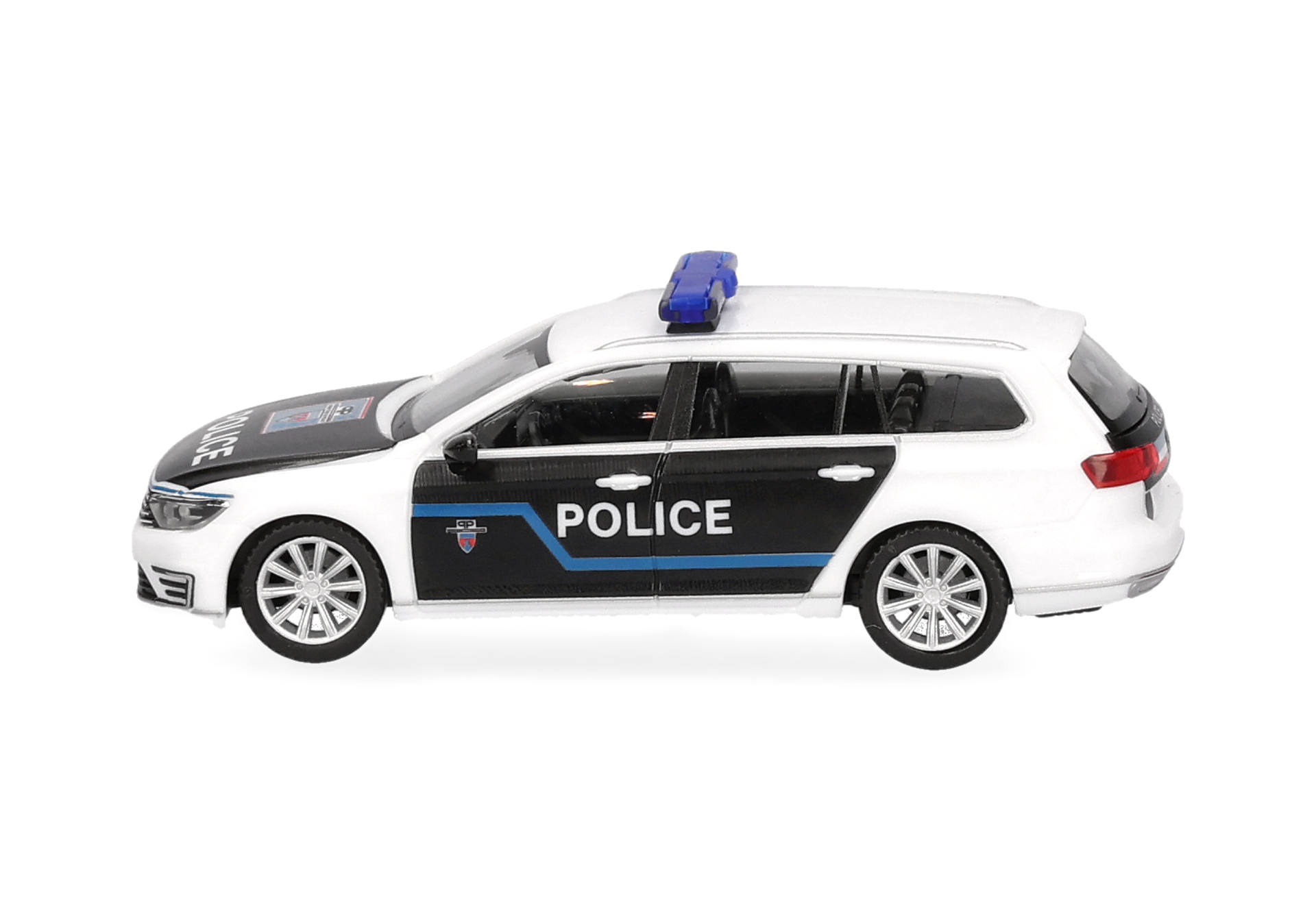 police car, toy car, black white, blue siren, four doors