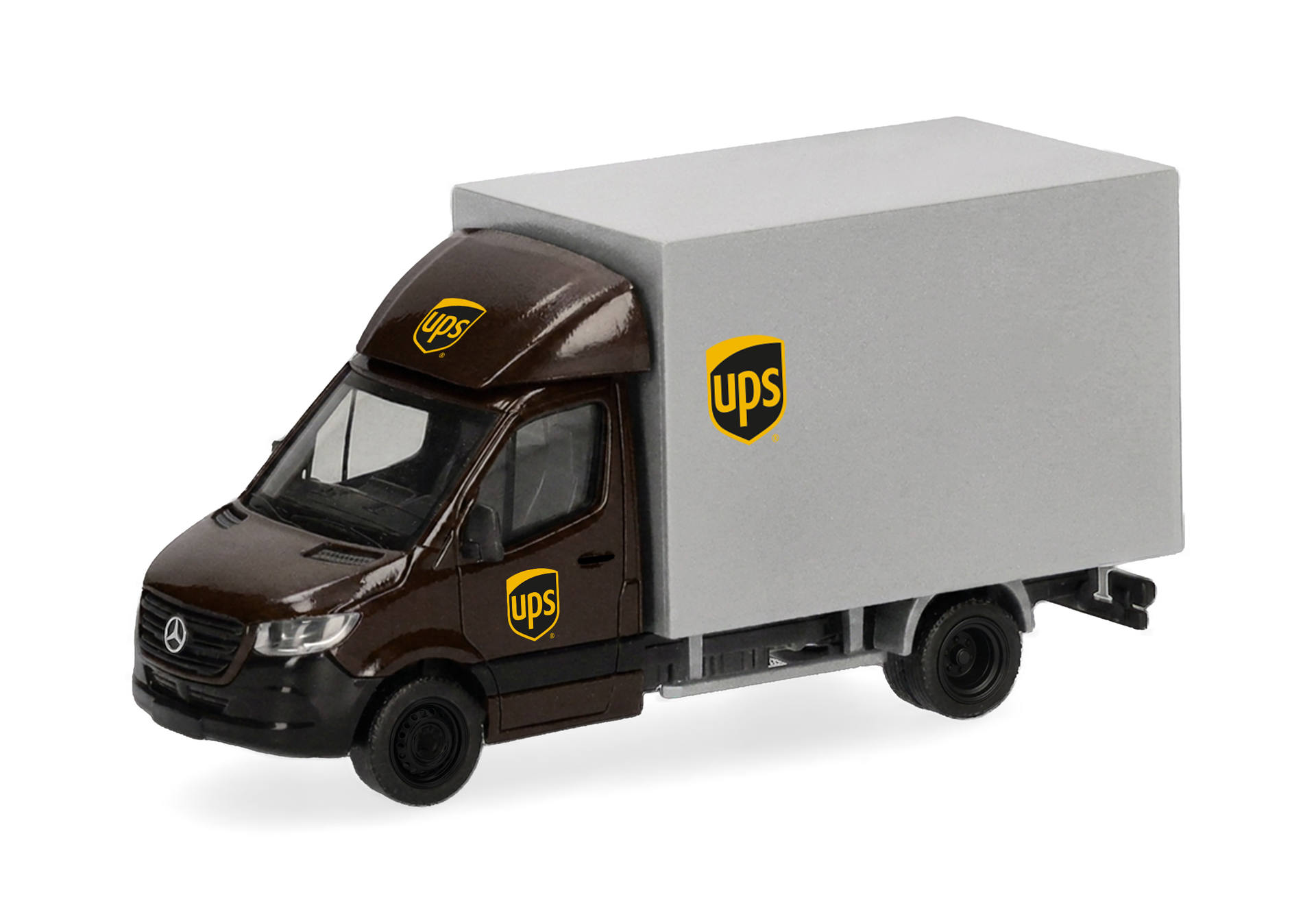 delivery truck, toy model, brown cab, gray box, UPS logo