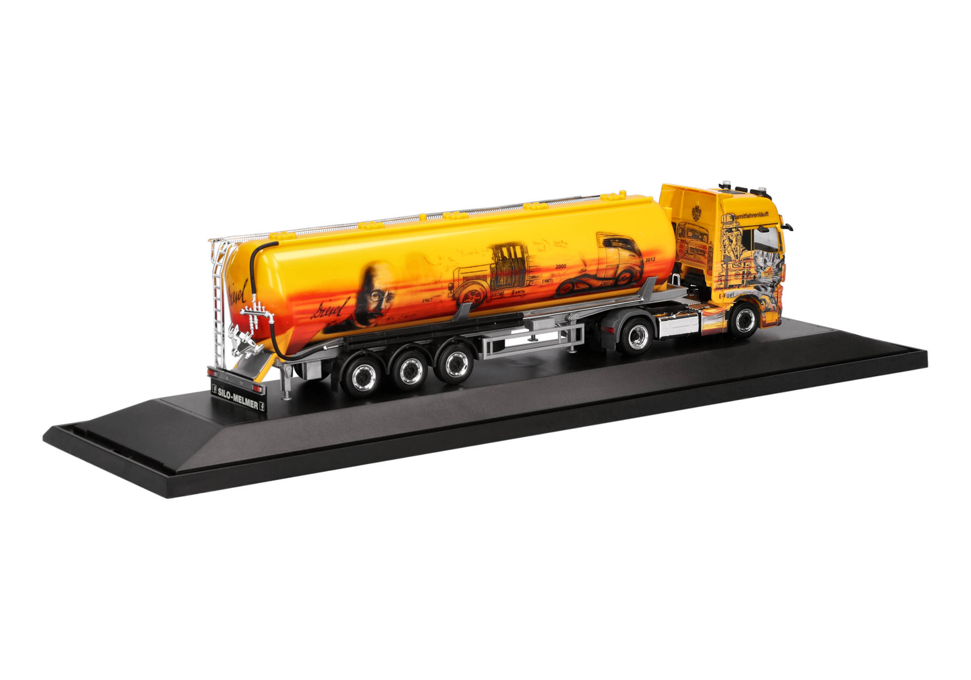 model truck, tank trailer, yellow truck, showcase base, scale model