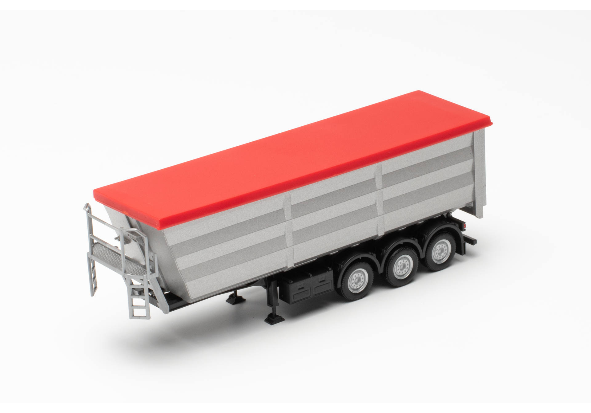 Steel dump trailer, silver with red tarp