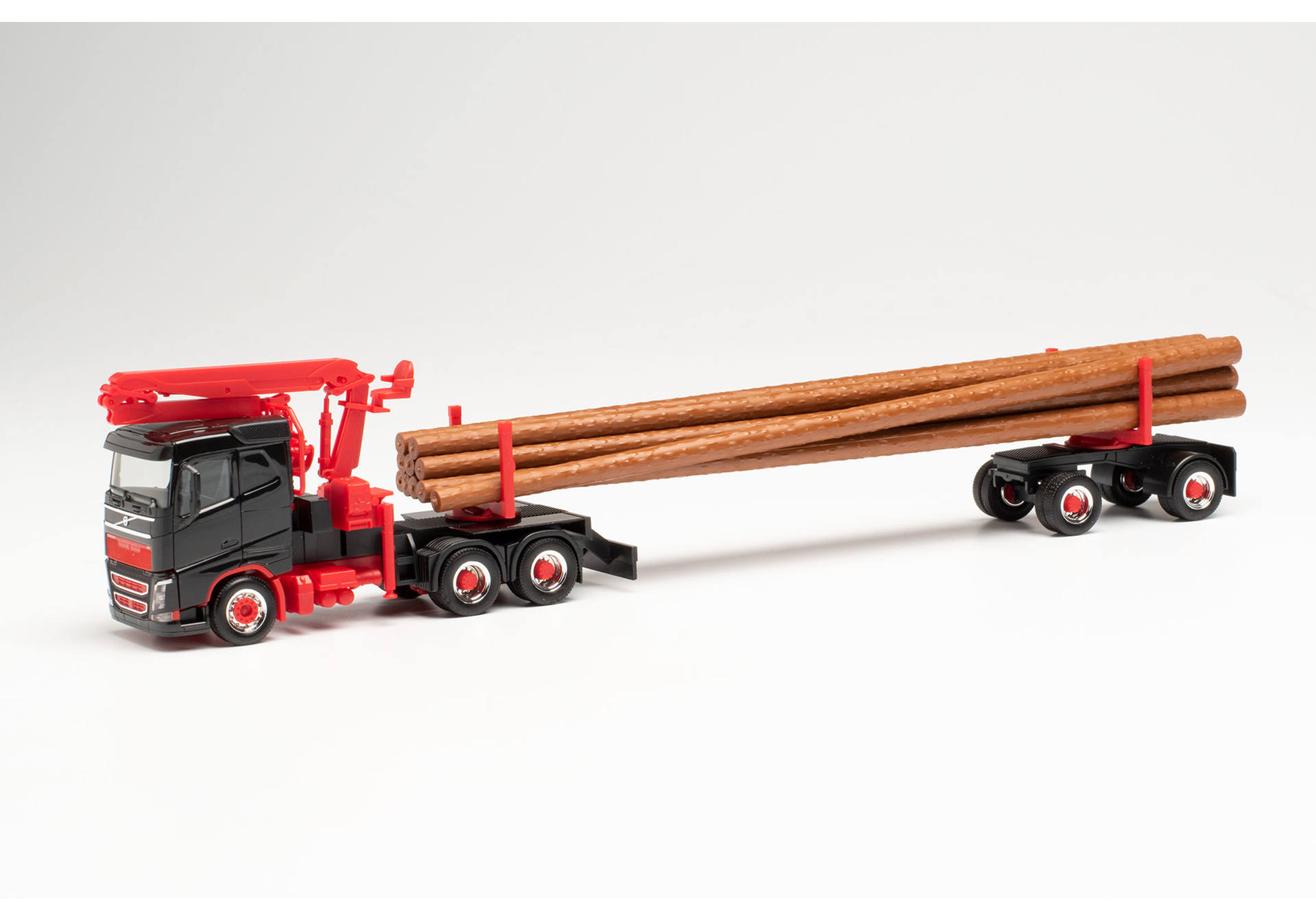 Volvo FH FD Langholztransporter-Sattelzug, schwarz/rot