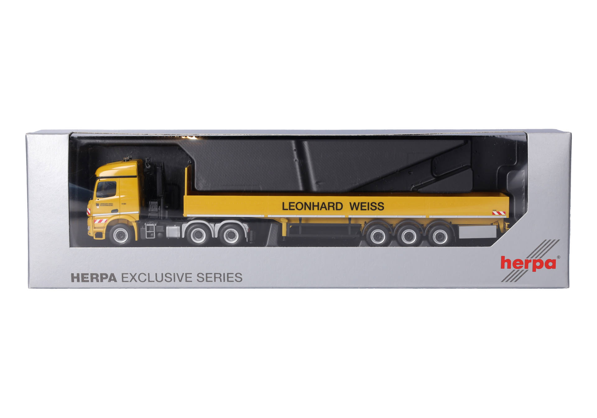 Mercedes Benz Arocs Streamspace (with crane) platform semitrailer truck "Leonhard Weiss"