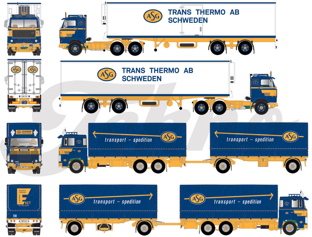 Set mit 2 Modellen: Volvo F 89 Kühlkoffer-Sattelzug und Scania 140 Planen-Hängerzug "ASG"