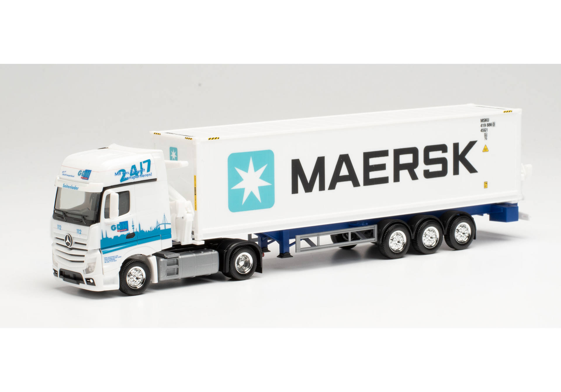 Herpa Mercedes-Benz Actros Gigaspace Hammar container sideloader trailer  „GDH / Maersk“ 313384